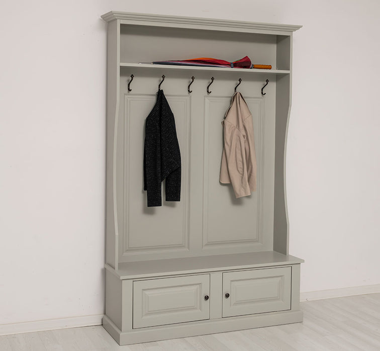 ansicht links gerahmte Garderobe mit ablagen 6 haken grau