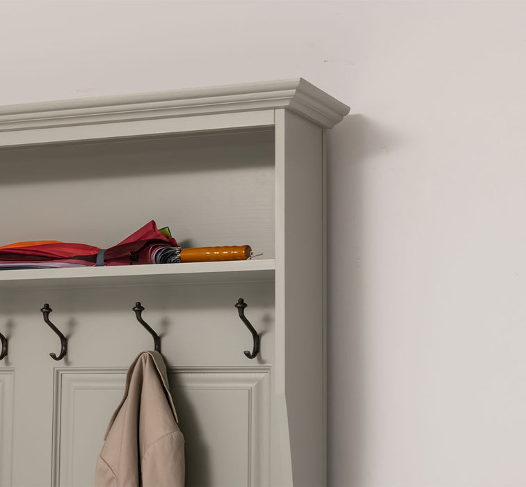 ansicht Detail gerahmte Garderobe mit ablagen 6 haken grau