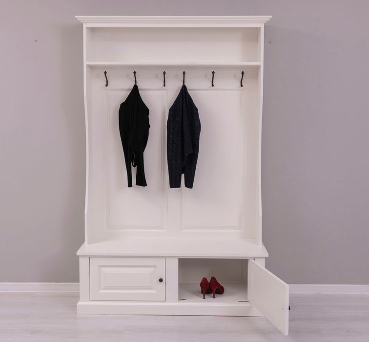 ansicht front offen gerahmte Garderobe mit ablagen 6 haken weiß