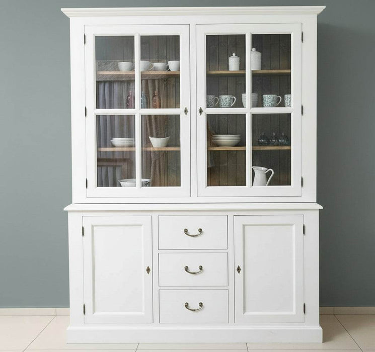 Geschirrschrank-Massivholz-Vitrine-2-teilig-4-Tueren-3-Schubladen-frontal-fliesenboden