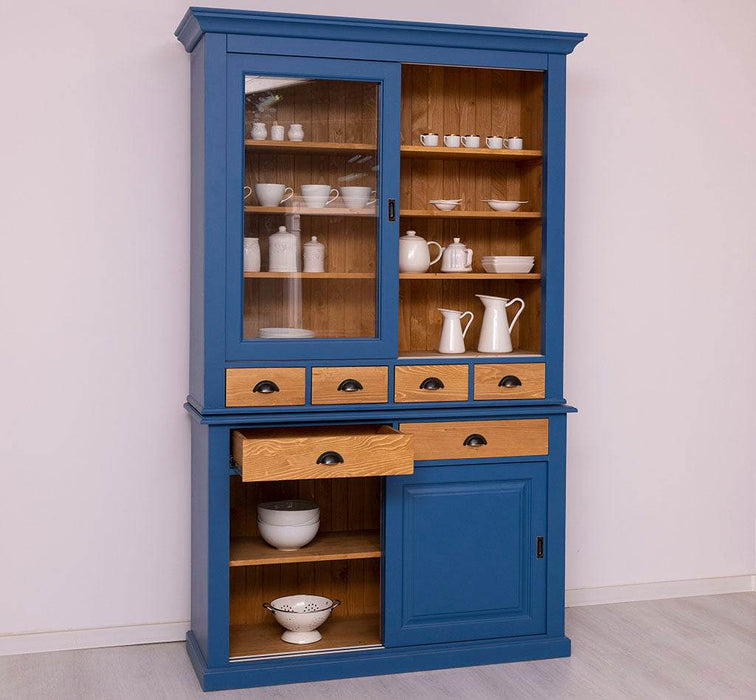 Geschirrschrank mit 4 Schiebetüren und 6 Schubladen | Vitrine aus Massivholz -
