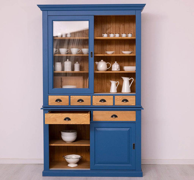 Geschirrschrank mit 4 Schiebetüren und 6 Schubladen | Vitrine aus Massivholz -