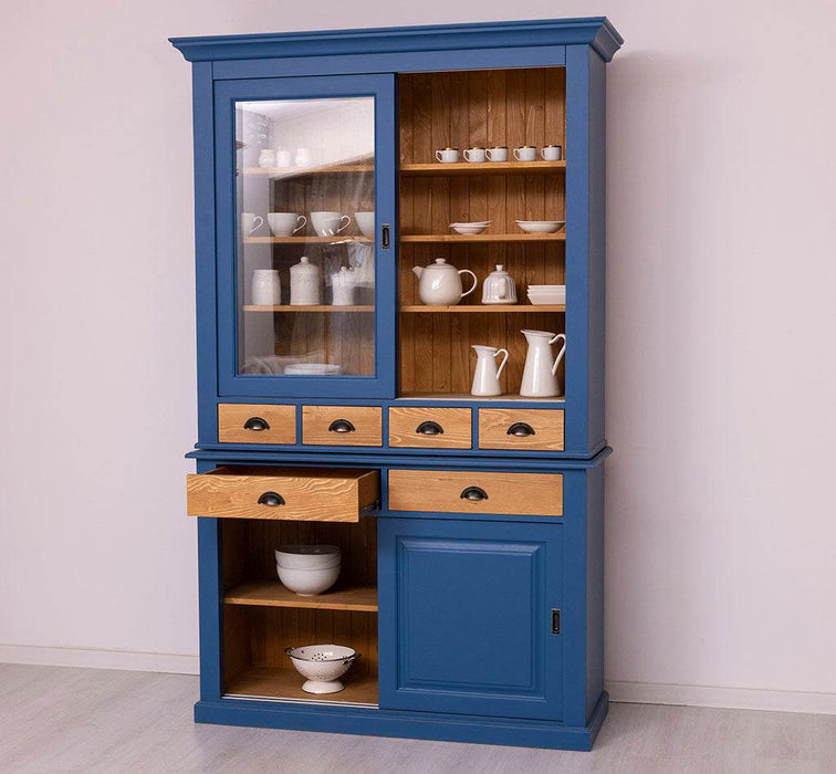 Geschirrschrank mit 4 Schiebetüren und 6 Schubladen | Vitrine aus Massivholz -