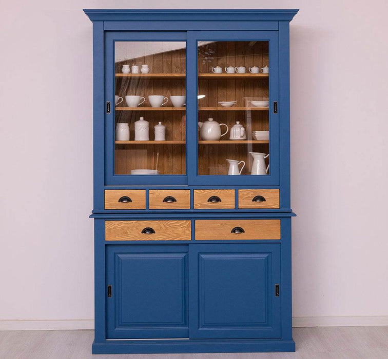 Geschirrschrank mit 4 Schiebetüren und 6 Schubladen | Vitrine aus Massivholz -