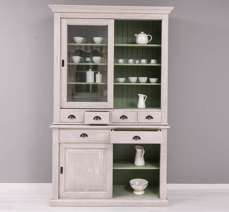 Geschirrschrank mit 4 Schiebetüren und 6 Schubladen | Vitrine aus Massivholz -