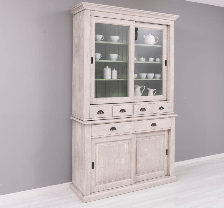 Geschirrschrank mit 4 Schiebetüren und 6 Schubladen | Vitrine aus Massivholz -