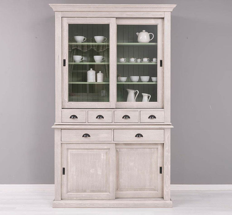 Geschirrschrank mit 4 Schiebetüren und 6 Schubladen | Vitrine aus Massivholz -