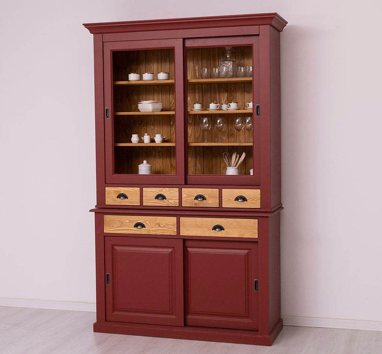 Geschirrschrank mit 4 Schiebetüren und 6 Schubladen | Vitrine aus Massivholz -
