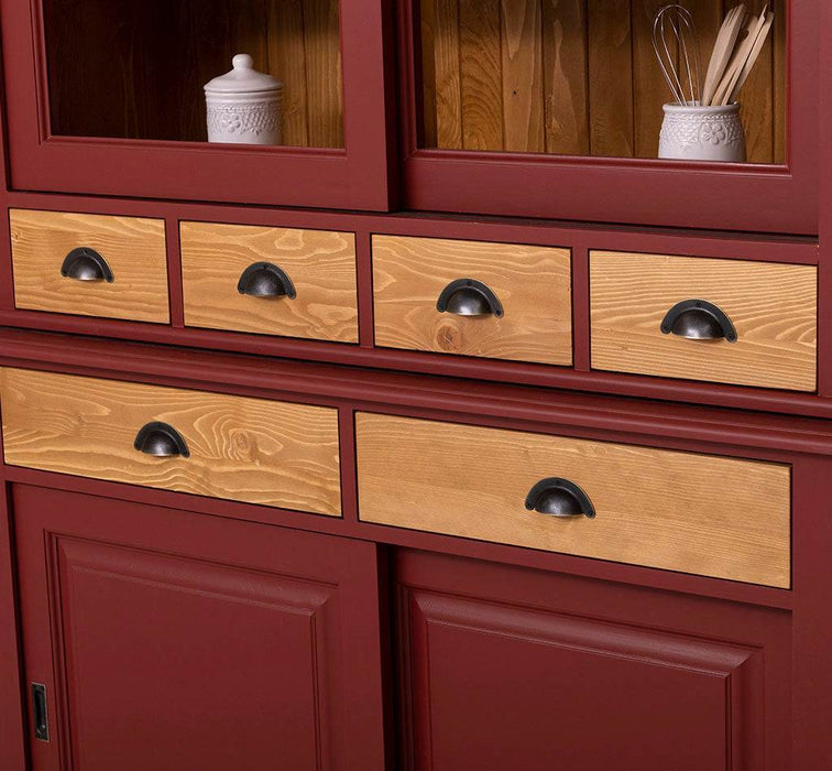 Geschirrschrank mit 4 Schiebetüren und 6 Schubladen | Vitrine aus Massivholz -