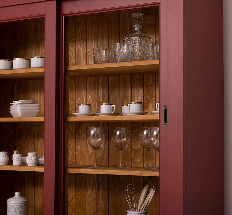 Geschirrschrank mit 4 Schiebetüren und 6 Schubladen | Vitrine aus Massivholz -