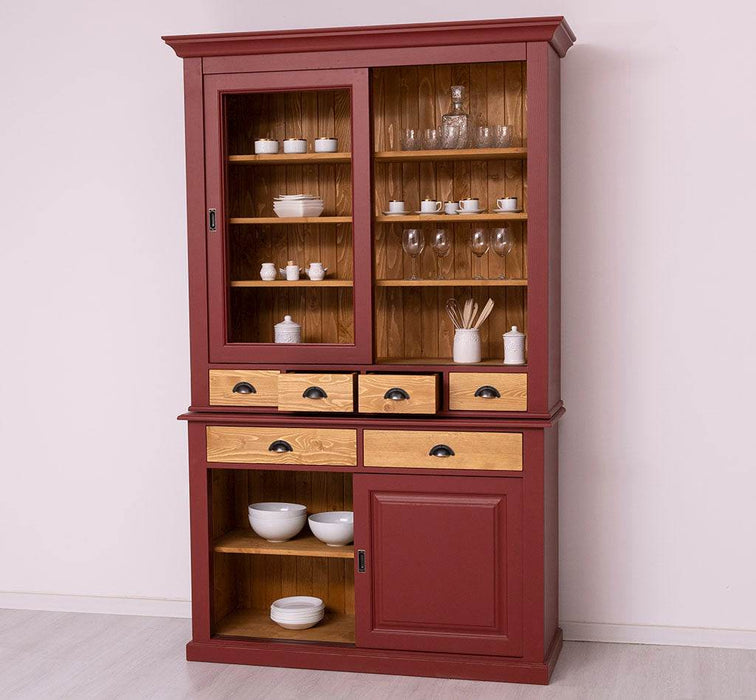 Geschirrschrank mit 4 Schiebetüren und 6 Schubladen | Vitrine aus Massivholz -