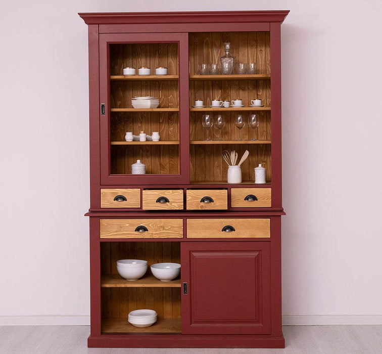 Geschirrschrank mit 4 Schiebetüren und 6 Schubladen | Vitrine aus Massivholz -