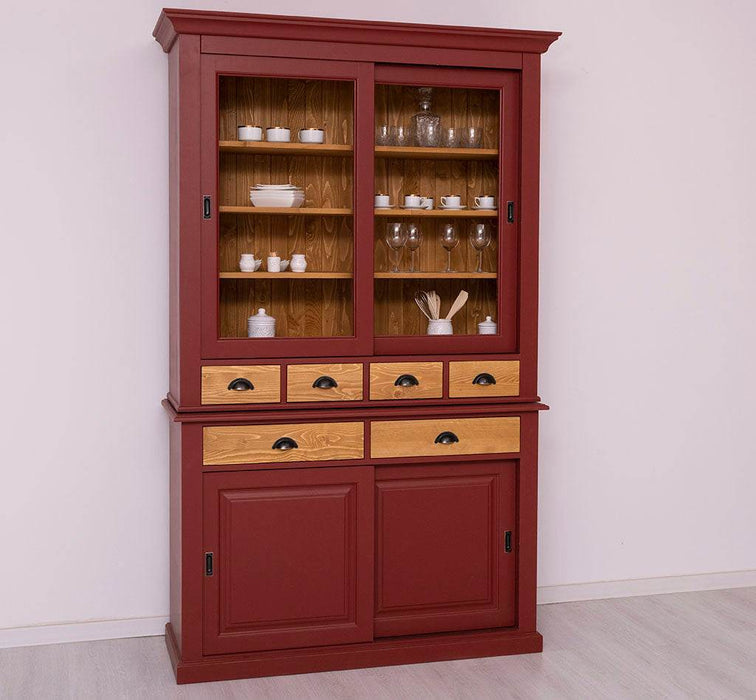 Geschirrschrank mit 4 Schiebetüren und 6 Schubladen | Vitrine aus Massivholz -