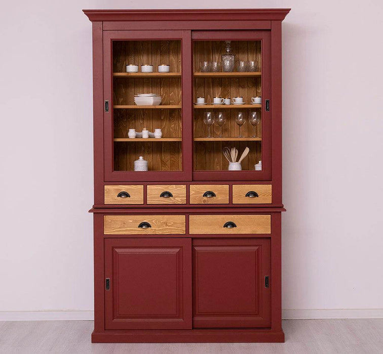 Geschirrschrank mit 4 Schiebetüren und 6 Schubladen | Vitrine aus Massivholz -