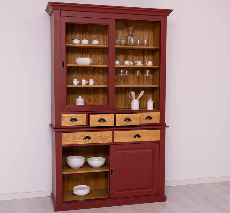 Geschirrschrank mit 4 Schiebetüren und 6 Schubladen | Vitrine aus Massivholz -