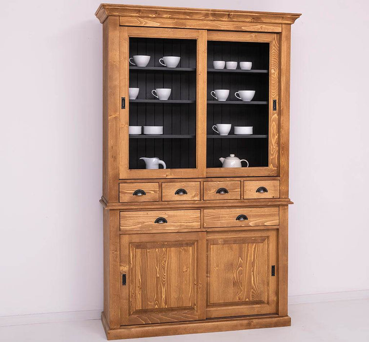 Geschirrschrank mit 4 Schiebetüren und 6 Schubladen | Vitrine aus Massivholz -