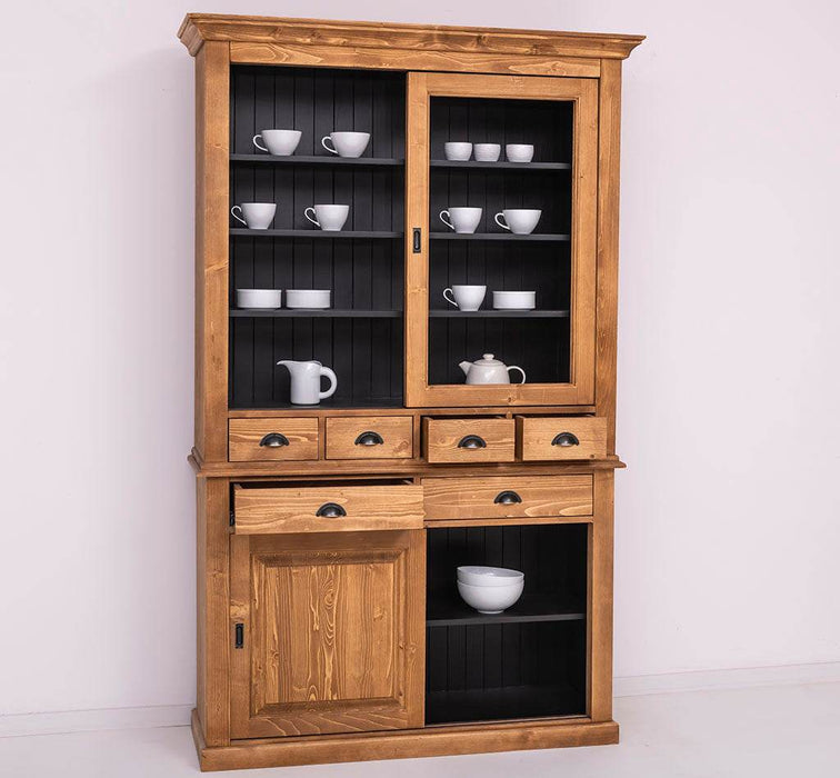 Geschirrschrank mit 4 Schiebetüren und 6 Schubladen | Vitrine aus Massivholz -