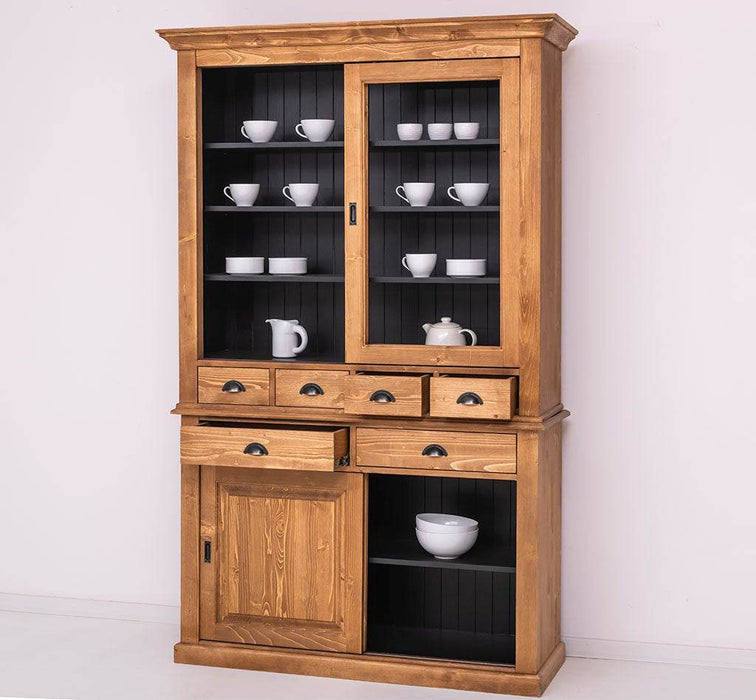 Geschirrschrank mit 4 Schiebetüren und 6 Schubladen | Vitrine aus Massivholz -