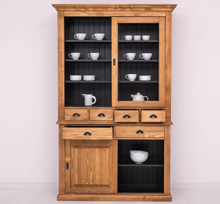 Geschirrschrank mit 4 Schiebetüren und 6 Schubladen | Vitrine aus Massivholz -