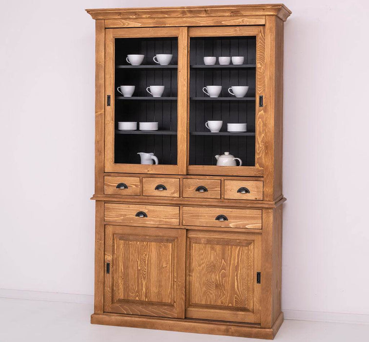 Geschirrschrank mit 4 Schiebetüren und 6 Schubladen | Vitrine aus Massivholz -