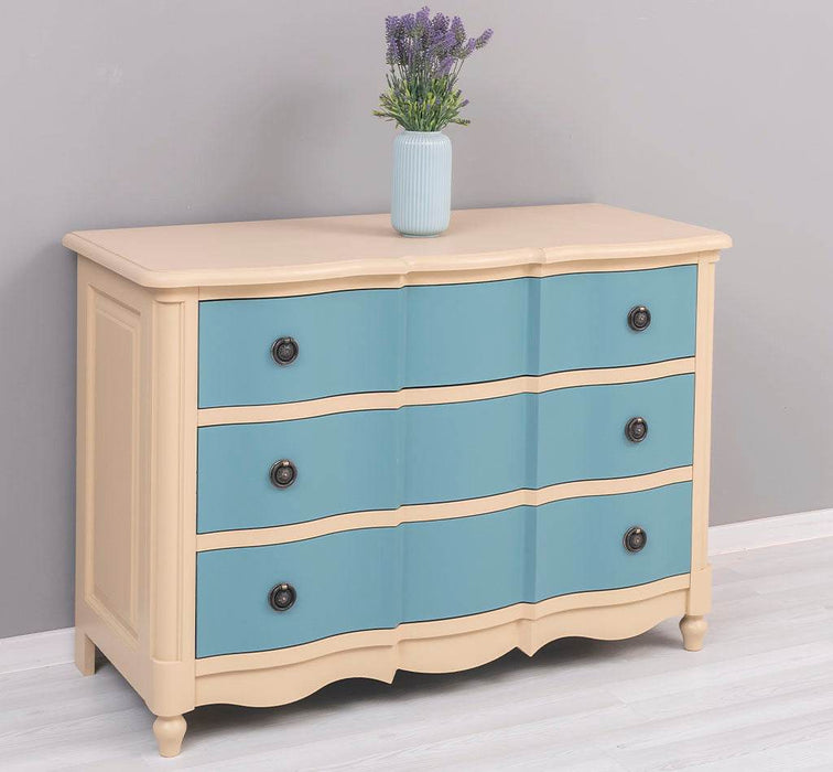 Geschwungene Landhaus Kommode aus Massivholz - in verschieden Farben - Beige - Salbei