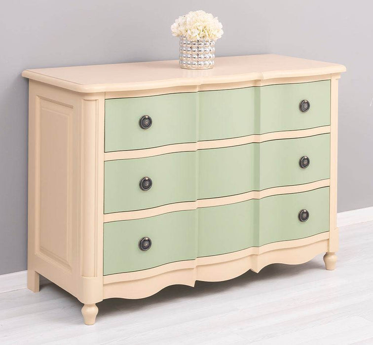 Geschwungene Landhaus Kommode aus Massivholz - in verschieden Farben - Beige - Salbei
