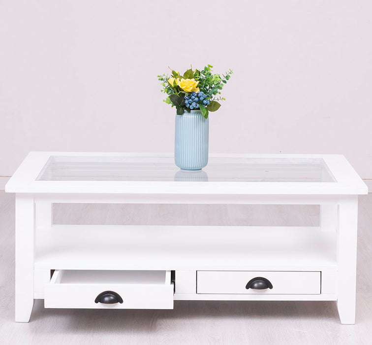 Glas-Couchtisch aus Massivholz mit zwei Schubladen