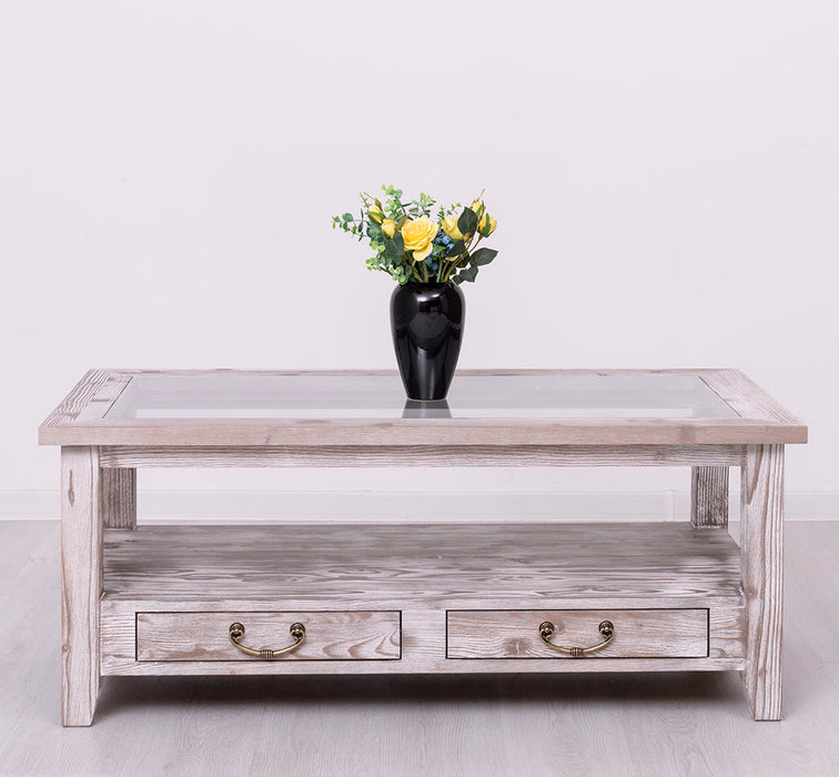 Glas-Couchtisch aus Massivholz mit zwei Schubladen