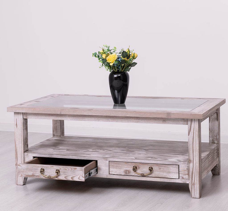 Glas-Couchtisch aus Massivholz mit zwei Schubladen — Massivholzmöbel-Becker