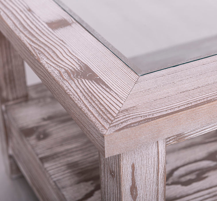 Glas-Couchtisch aus Massivholz mit zwei Schubladen