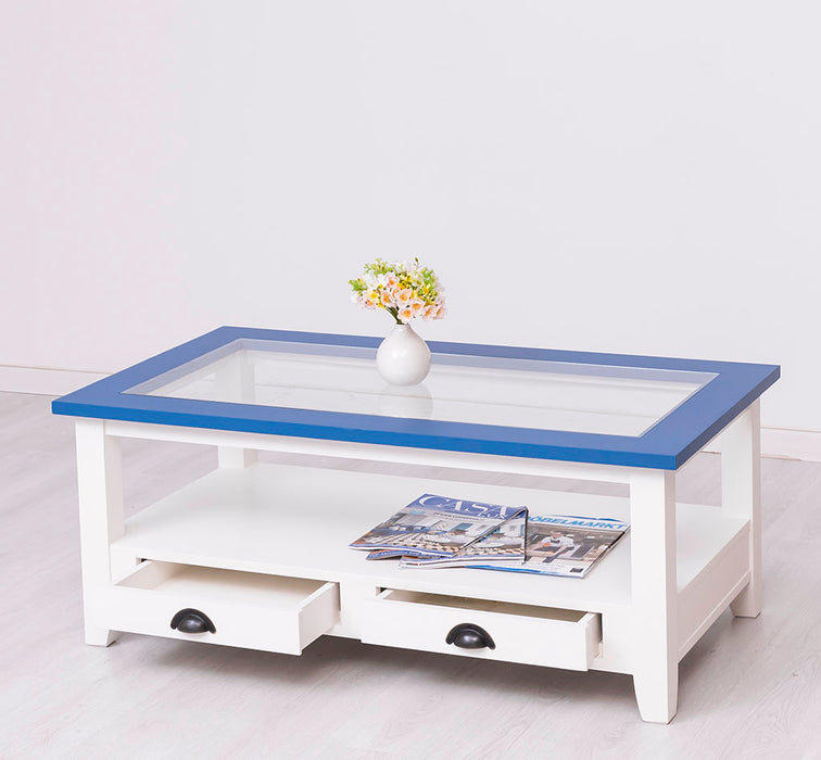 Glas-Couchtisch aus Massivholz mit zwei Schubladen