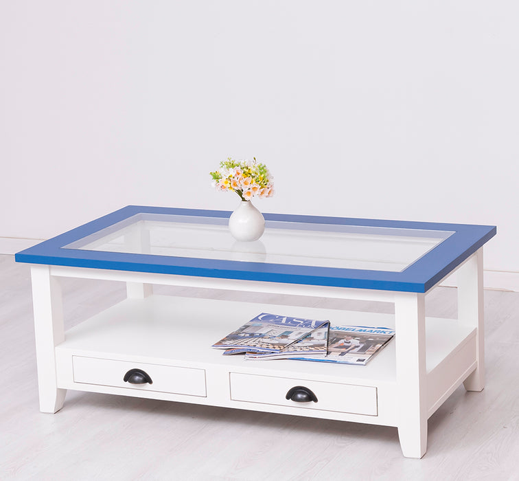 Glas-Couchtisch aus Massivholz mit zwei Schubladen
