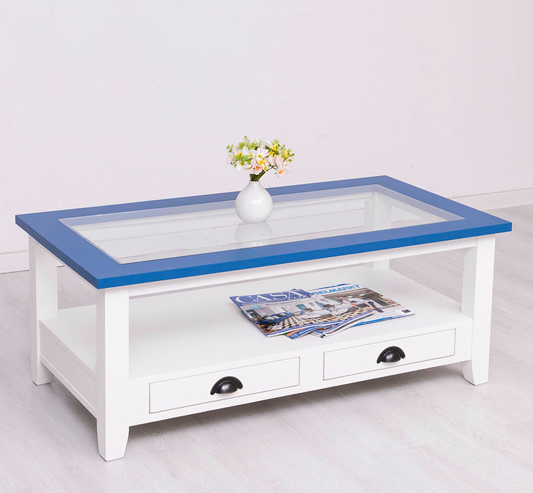 Glas-Couchtisch aus Massivholz mit zwei Schubladen