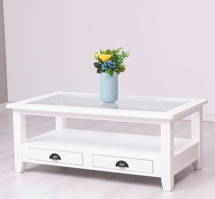Glas-Couchtisch aus Massivholz mit zwei Schubladen