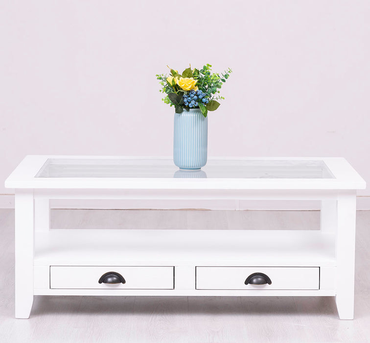 Glas-Couchtisch aus Massivholz mit zwei Schubladen