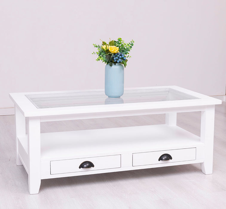 Glas-Couchtisch aus Massivholz mit zwei Schubladen