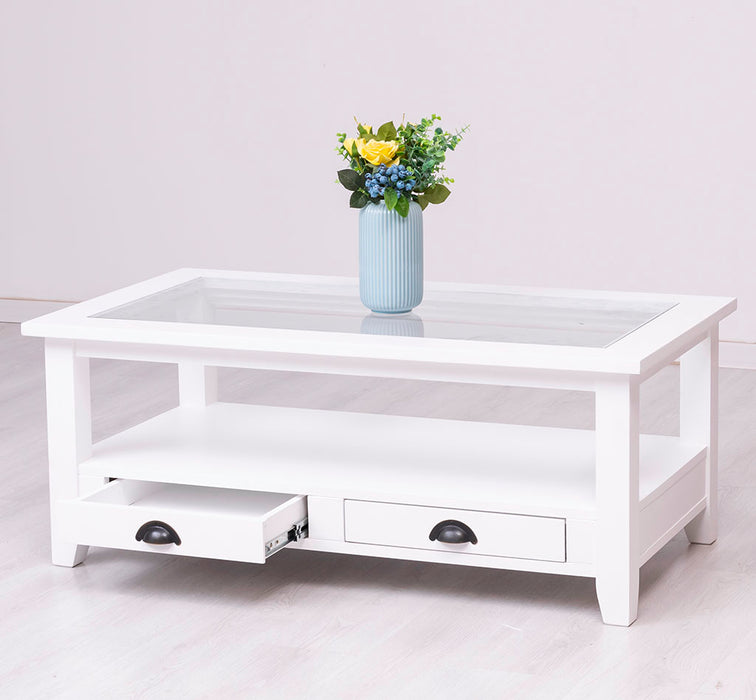Glas-Couchtisch aus Massivholz mit zwei Schubladen