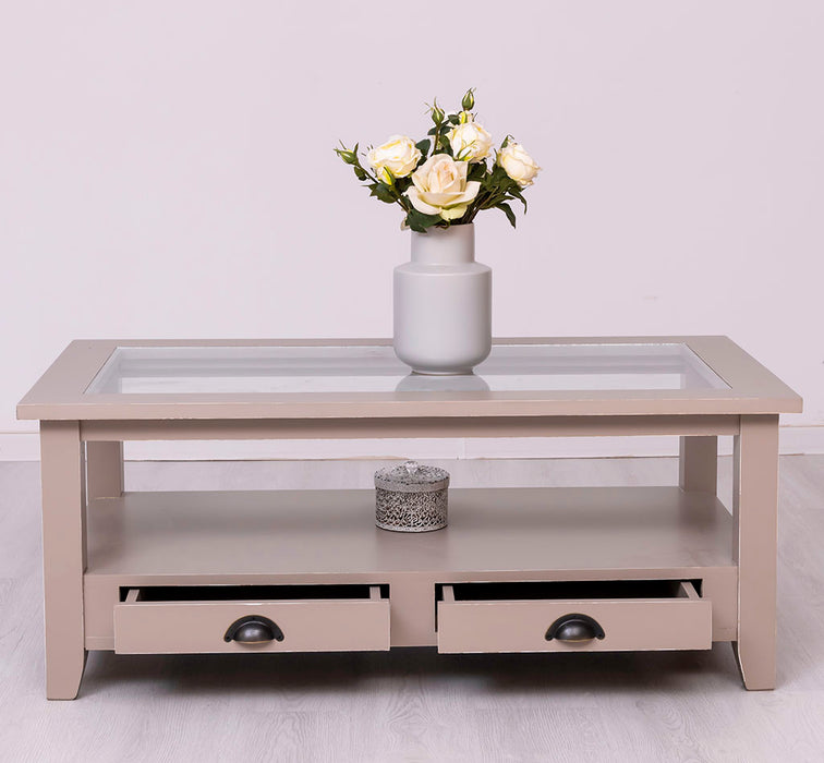 Glas-Couchtisch aus Massivholz mit zwei Schubladen
