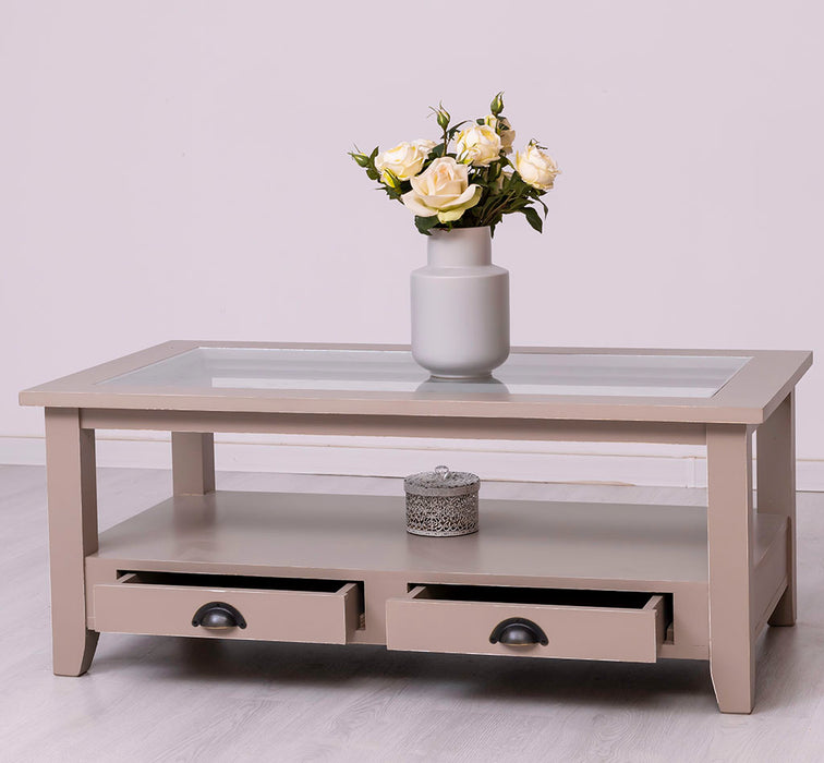 Glas-Couchtisch aus Massivholz mit zwei Schubladen