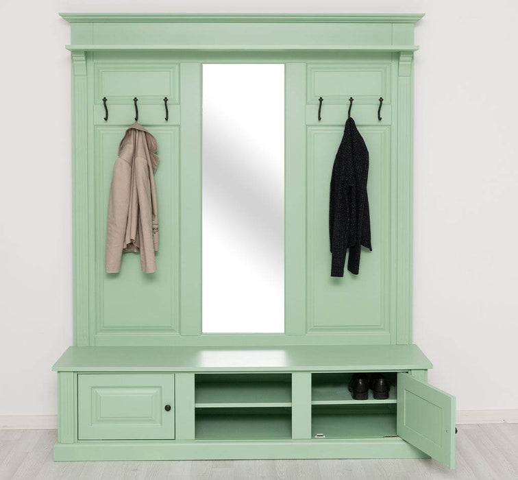 Große Garderobe aus Massivholz mit Kleiderhaken, Spiegel, Hutablage und Bank- uni -