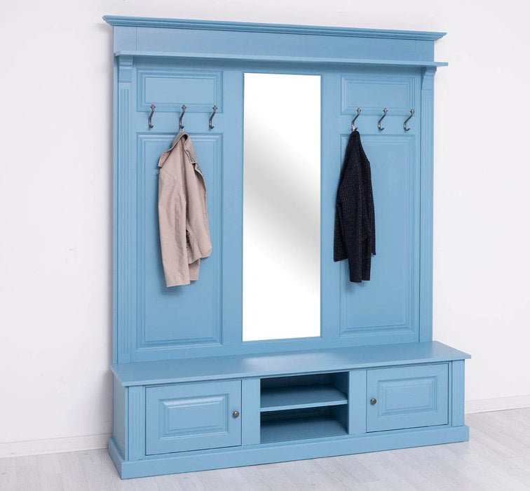 Große Garderobe aus Massivholz mit Kleiderhaken, Spiegel, Hutablage und Bank- uni -