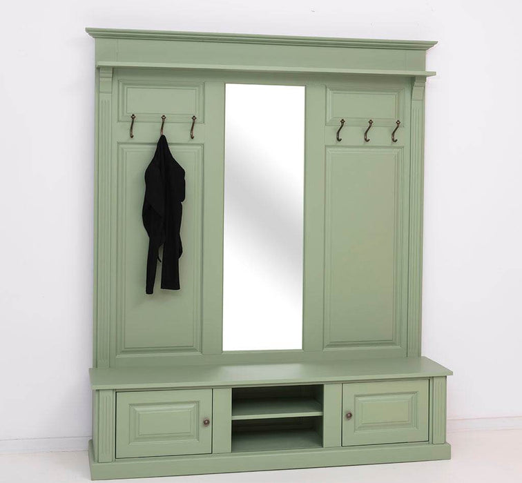 Große Garderobe aus Massivholz mit Kleiderhaken, Spiegel, Hutablage und Bank- uni -