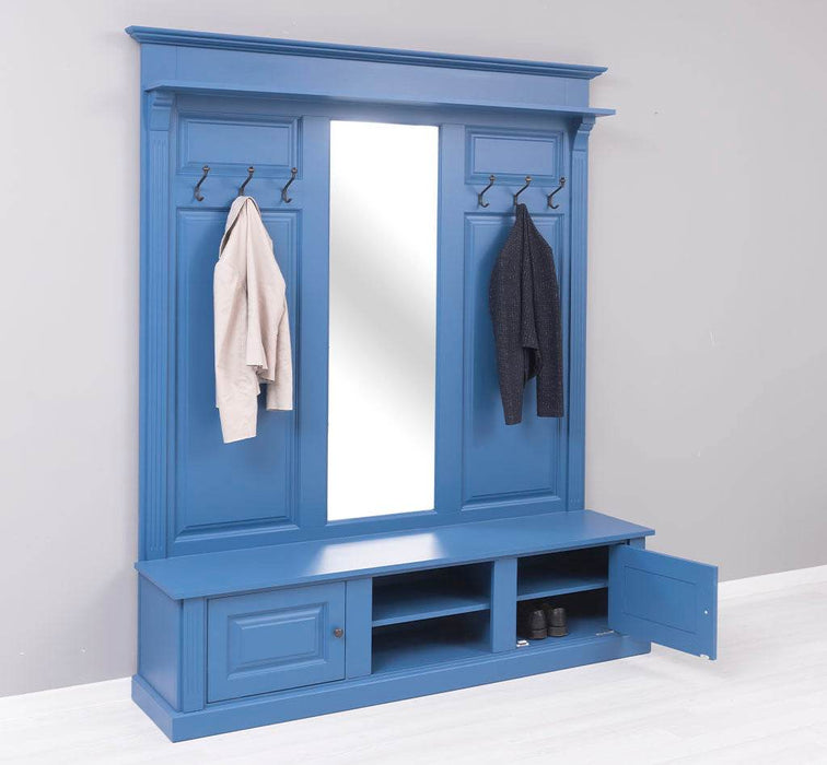 Große Garderobe aus Massivholz mit Kleiderhaken, Spiegel, Hutablage und Bank- uni -