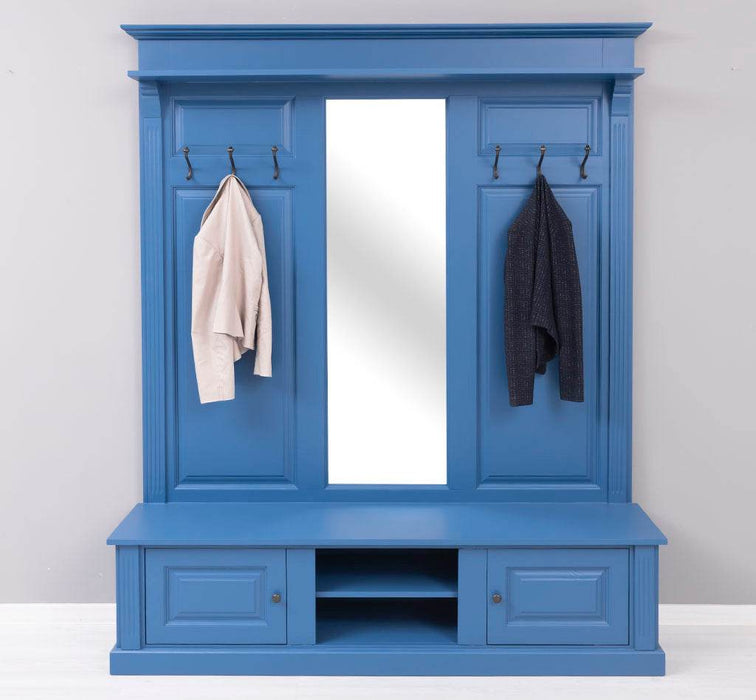 Große Garderobe aus Massivholz mit Kleiderhaken, Spiegel, Hutablage und Bank- uni -