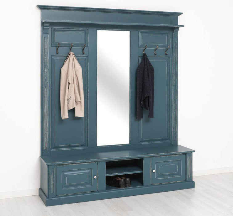 Große Garderobe aus Massivholz mit Kleiderhaken, Spiegel, Hutablage und Bank- uni -