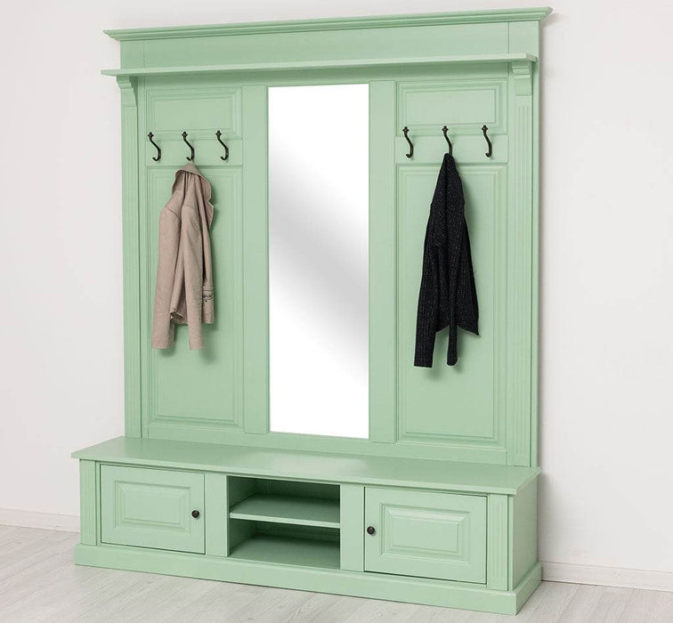 Große Garderobe aus Massivholz mit Kleiderhaken, Spiegel, Hutablage und Bank- uni -