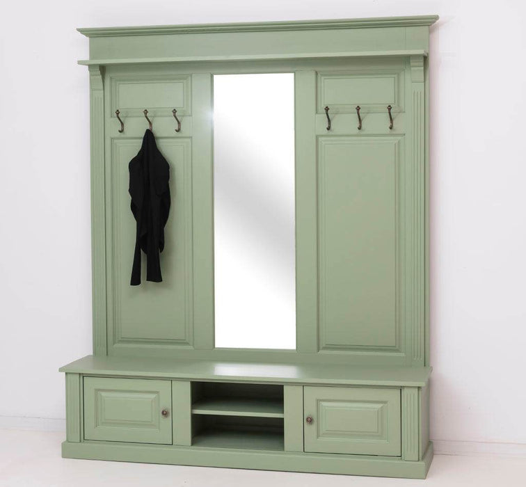 Große Garderobe aus Massivholz mit Kleiderhaken, Spiegel, Hutablage und Bank- uni -