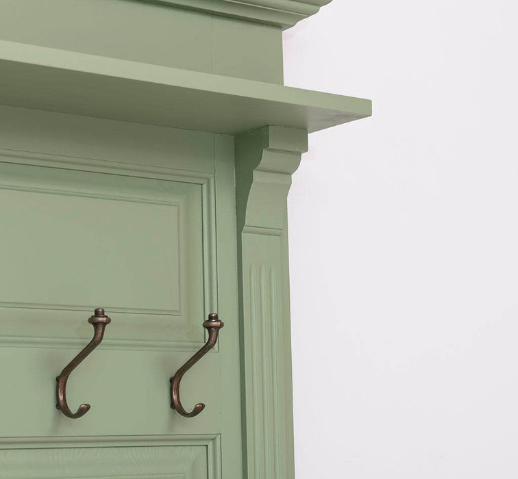 Große Garderobe aus Massivholz mit Kleiderhaken, Spiegel, Hutablage und Bank- uni -