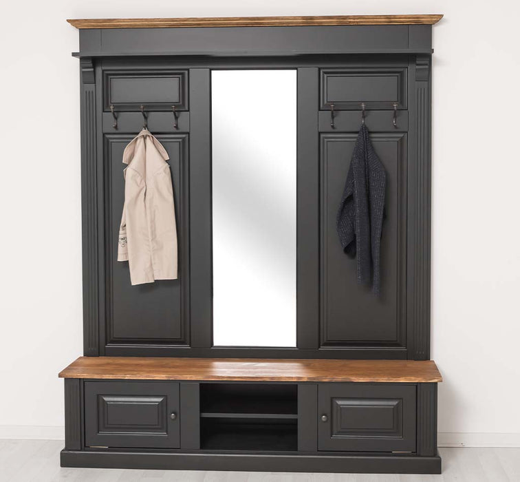Große Garderobe aus Massivholz mit Kleiderhaken, Spiegel, Hutablage und Bank- Holzkontrast