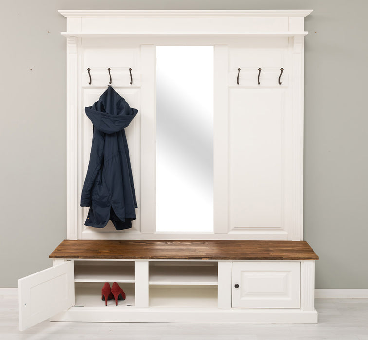 Große Garderobe aus Massivholz mit Kleiderhaken, Spiegel, Hutablage und Bank- Holzkontrast